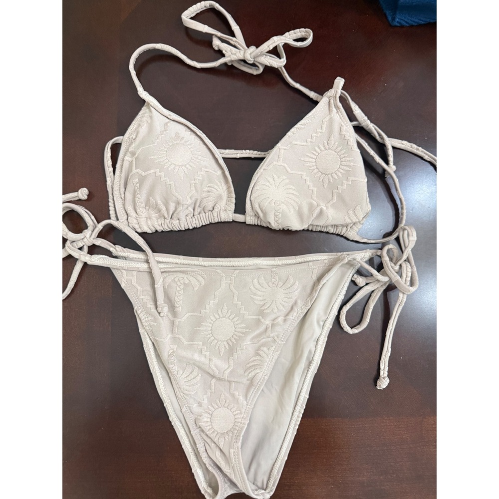 House of Harlow Beige Embroidered Sun Palm Tree Bikini Set Large 12652-2234B